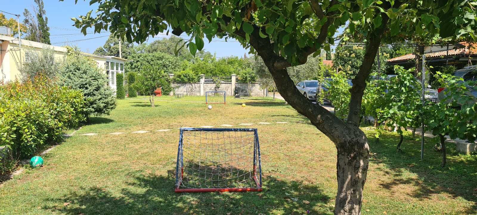A grassy area with a soccer goal, trees, and parked cars.