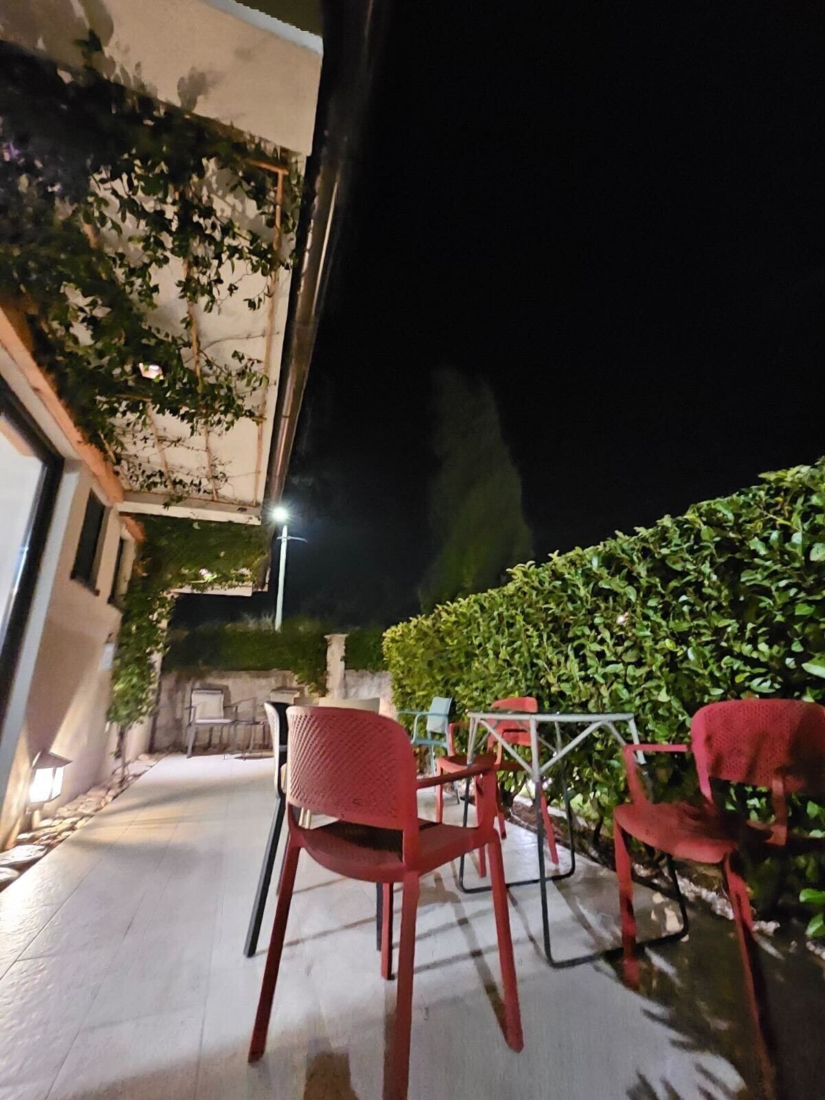 An outdoor patio area with red chairs and tables, a white wall with climbing plants, and a hedge in the background.