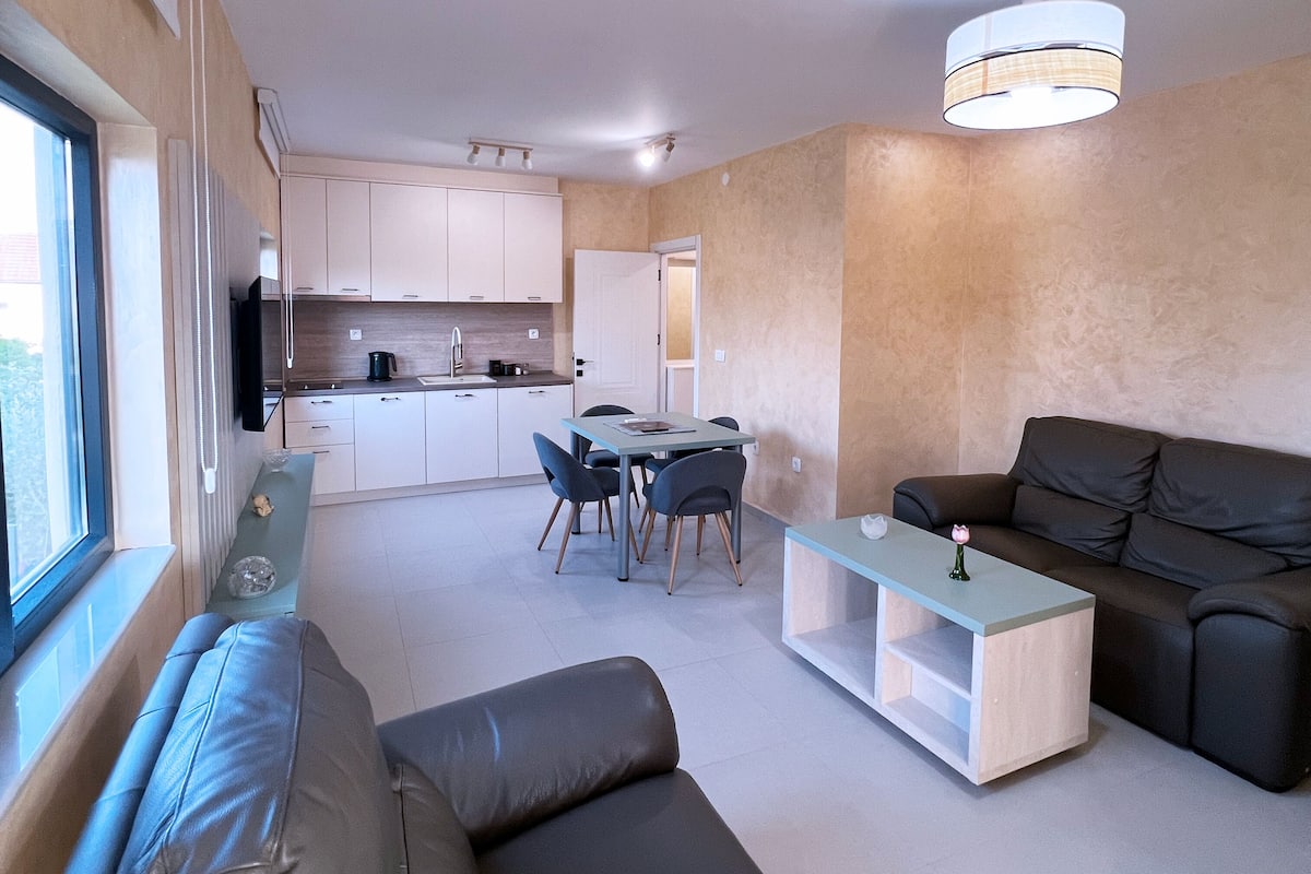 Uma sala de estar moderna com um sofá, uma mesa de centro e uma área de jantar com cadeiras e uma mesa.