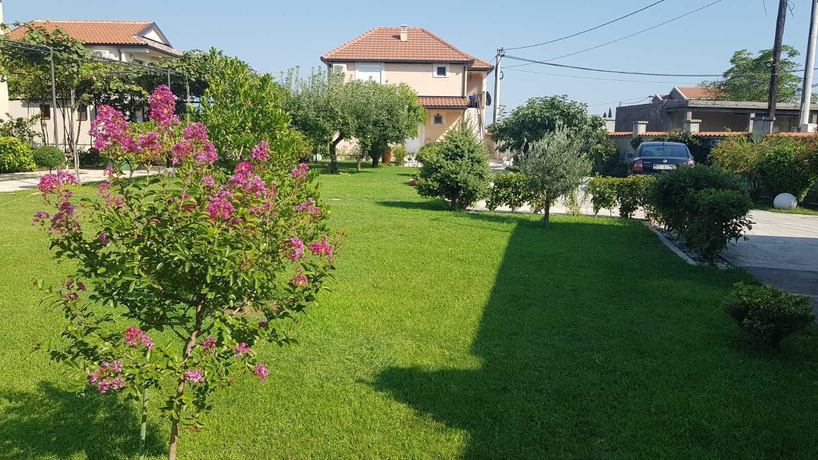 A residential area with a well-maintained lawn, a pink flowering tree, and houses with red-tiled roofs.