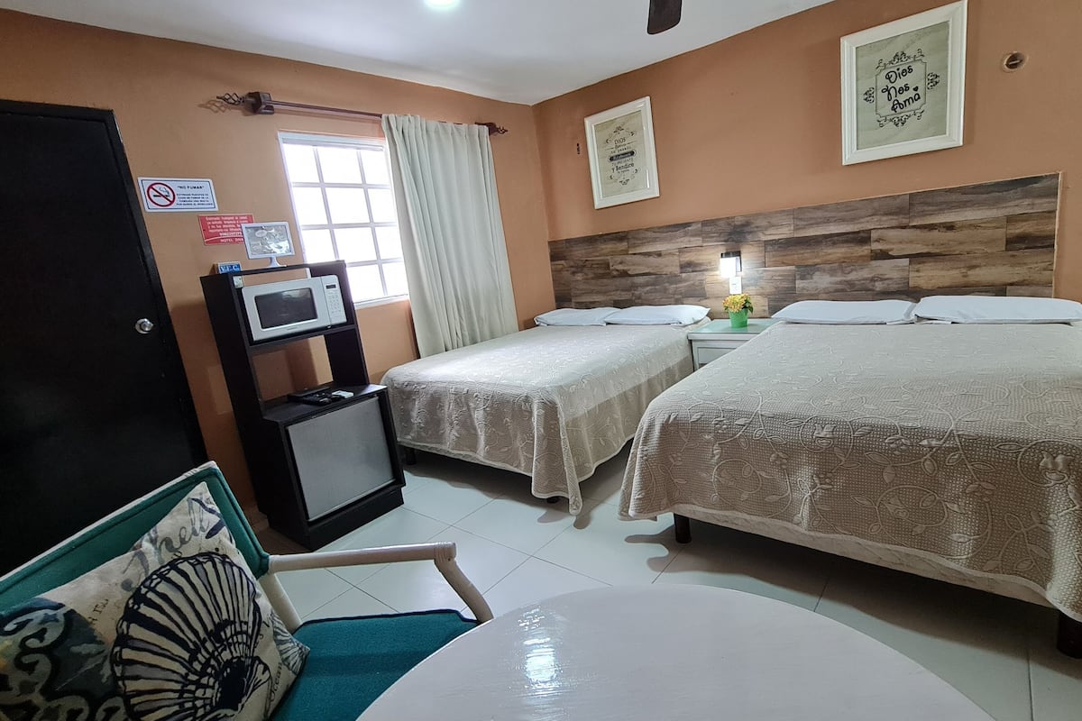 Quarto de hotel com duas camas, micro-ondas, televisão pequena e ventoinha.