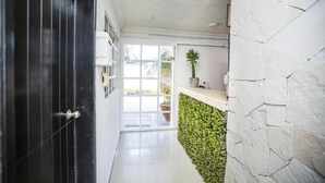 A hallway with a black door, a white stone wall, and a green wall with plants. - Hotel DNA Cancun (Cancun)
