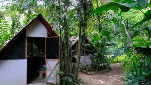 A small, rustic wooden structure with a sloped roof, surrounded by dense tropical vegetation and a dirt path. - Costa Rica Glamping (La Virgen)