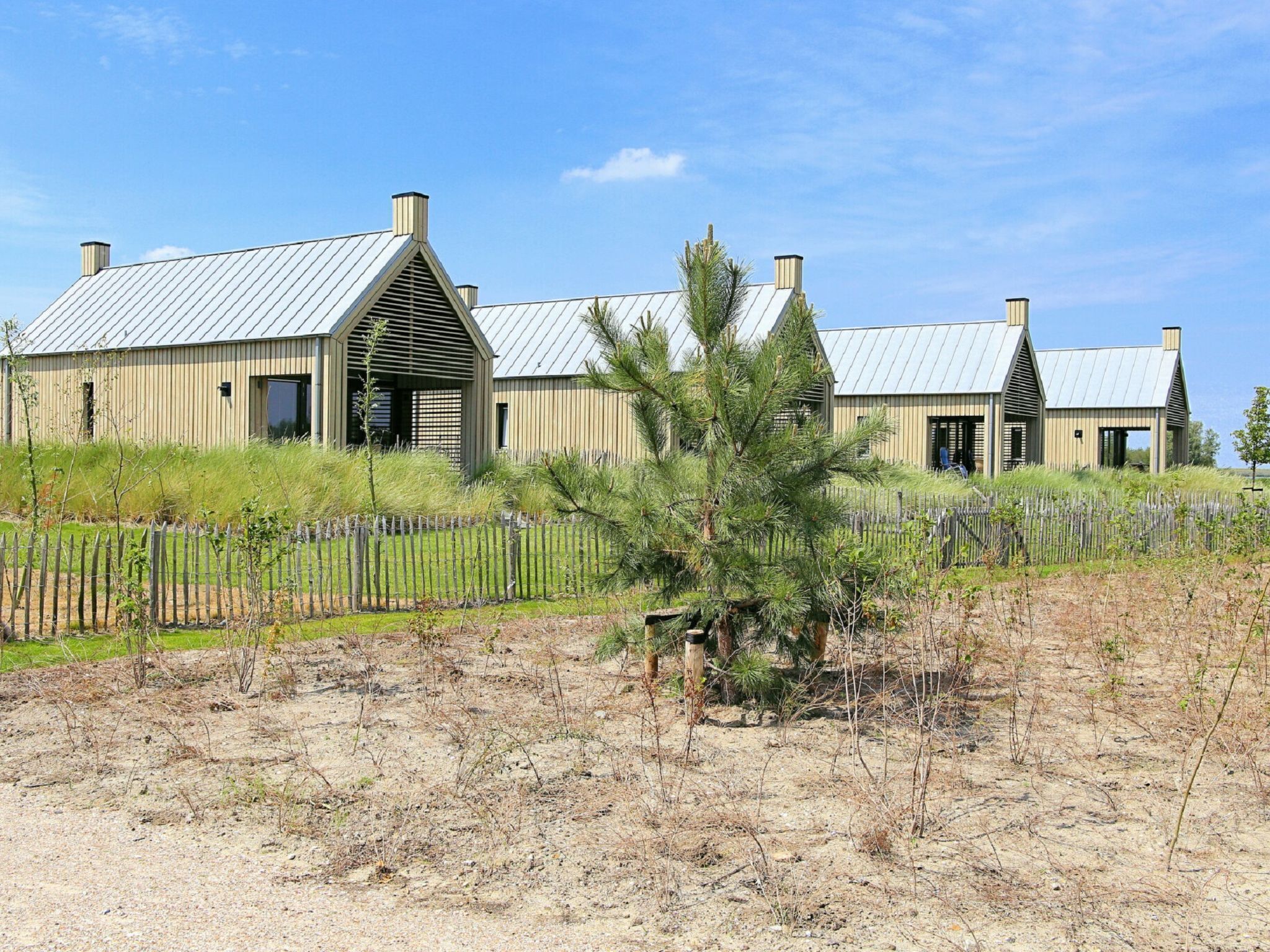 A modern building with a metal roof and multiple chimneys, surrounded by a wooden fence and sparse vegetation.