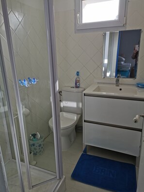 Regadera, secadora de cabello, papel de baño
