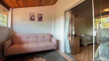 A room with a sofa, a bed, and a glass door leading to another room.