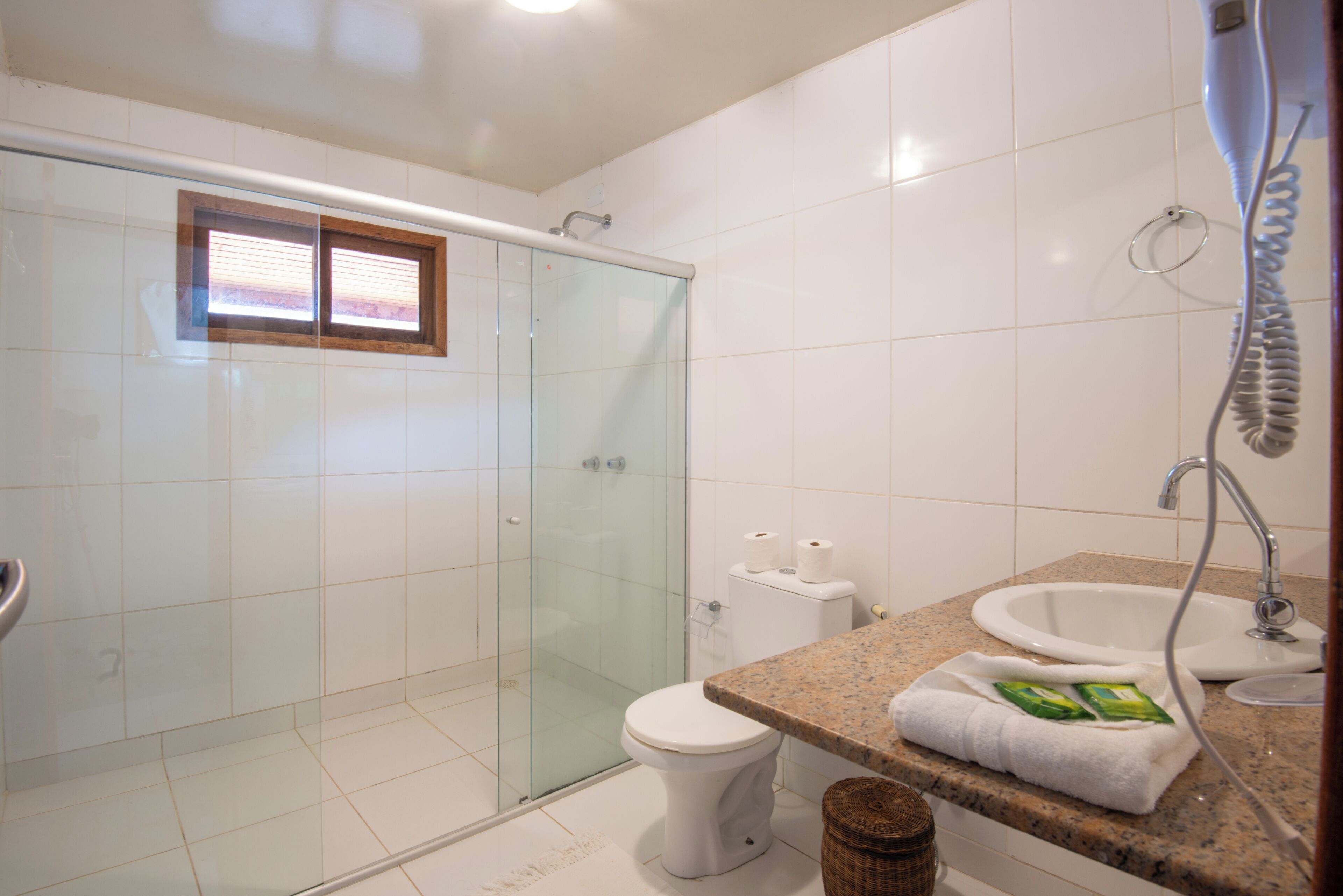 A bathroom with a glass shower enclosure, a toilet, a sink with a granite countertop, and a towel rack.