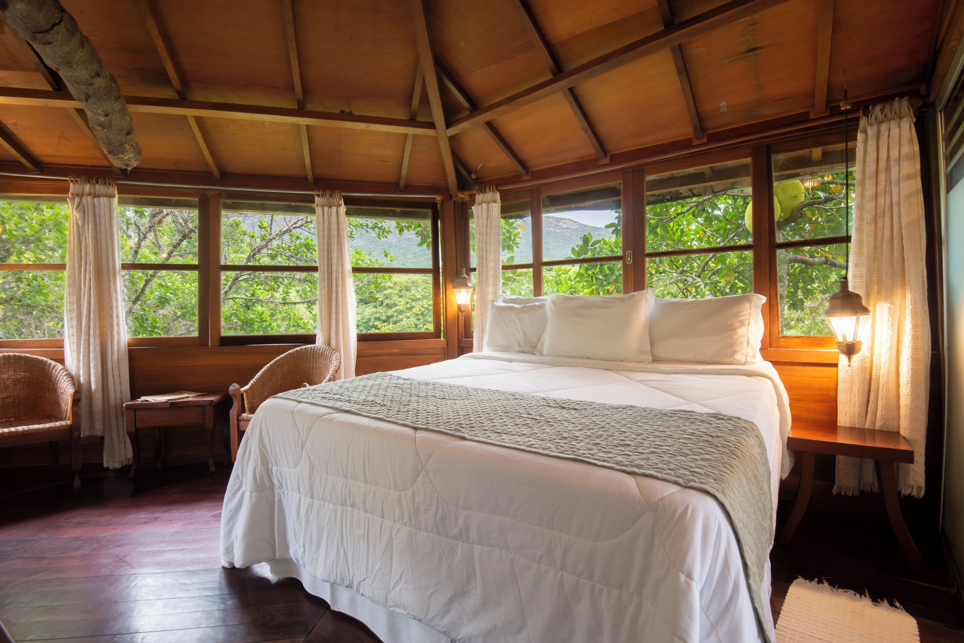 Una habitación con una cama grande, paredes de madera y ventanas con vistas a zonas verdes.
