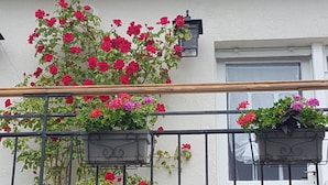 A balcony with a railing, potted plants with red and pink flowers, and a white building with a window and a door. - Les iris Chambres D Hôtes (Niedermorschwihr)