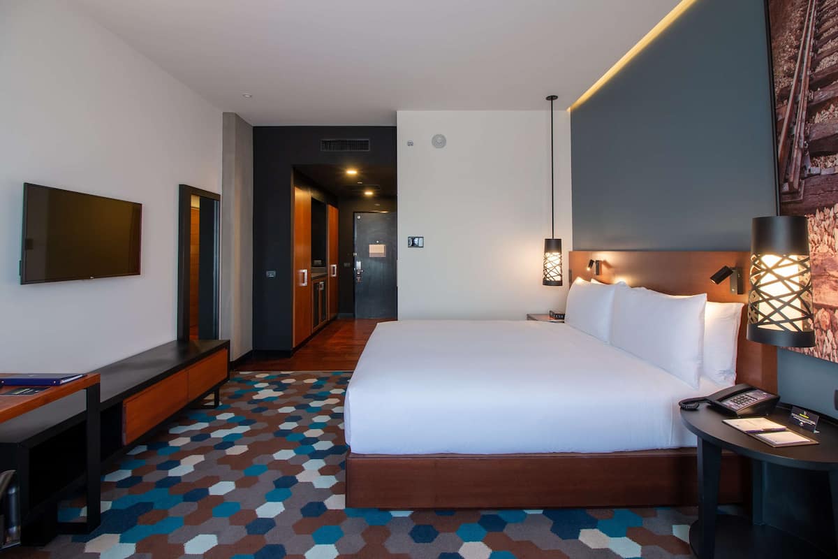 Quarto de hotel com uma cama grande, uma escrivaninha com cadeira, televisão e tapete estampado.