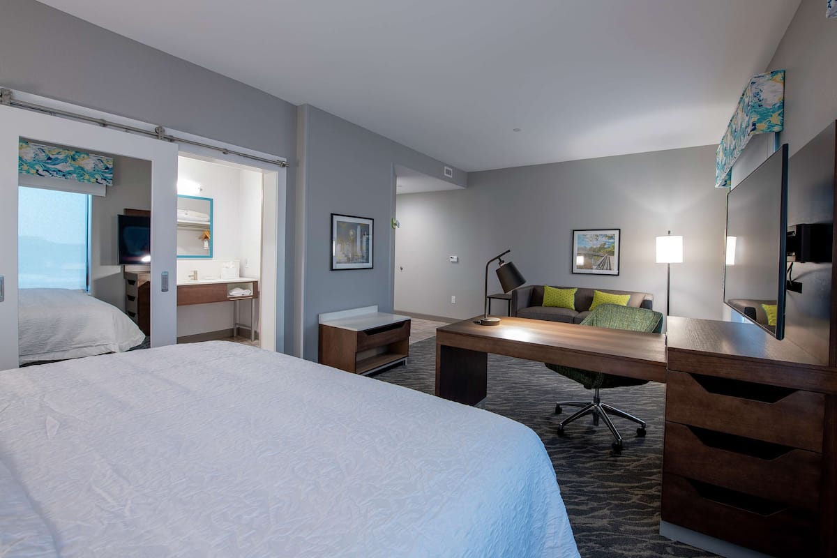 A hotel room with a large bed, a desk with a chair, a desk lamp, a flat-screen TV, a bathroom with a shower, and a window with a view.