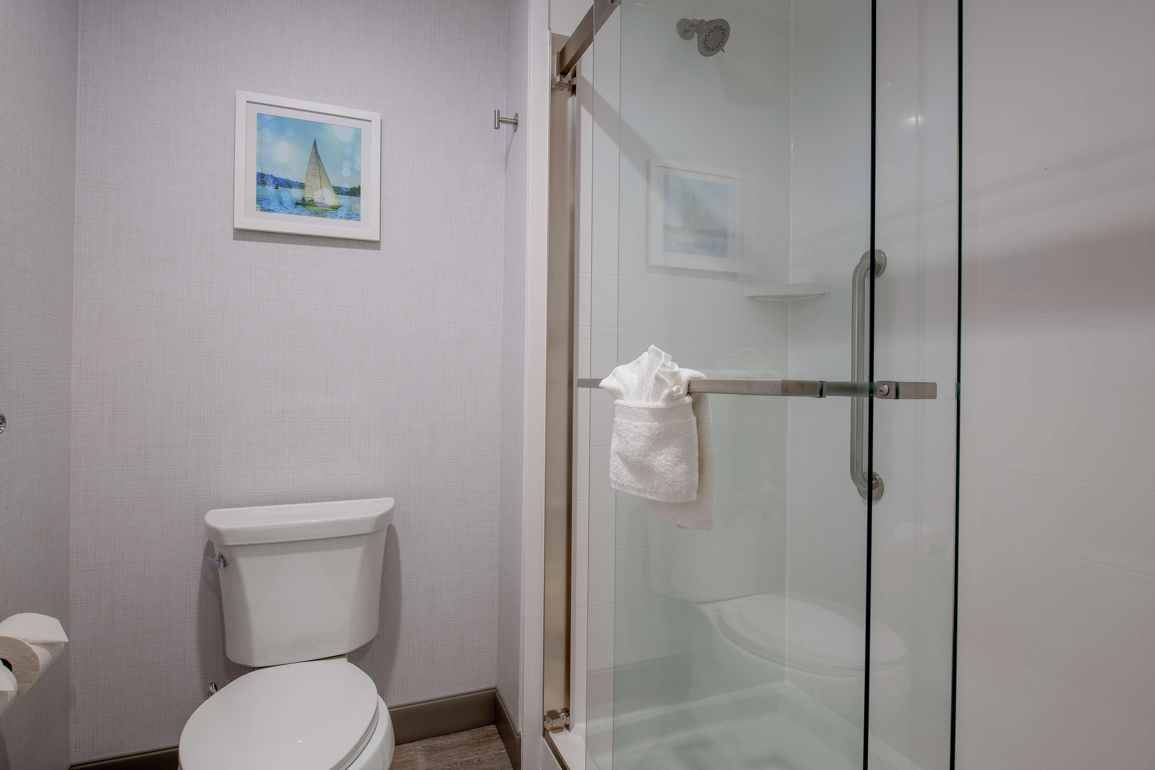 A bathroom with a toilet, a glass shower enclosure, and a framed painting on the wall.