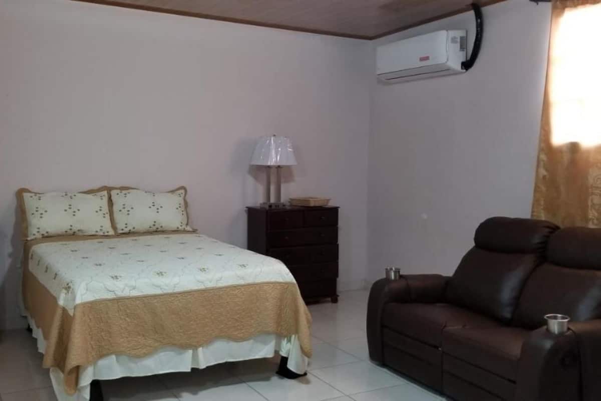A bedroom with a bed, a dresser, a lamp, a chair, and an air conditioning unit.