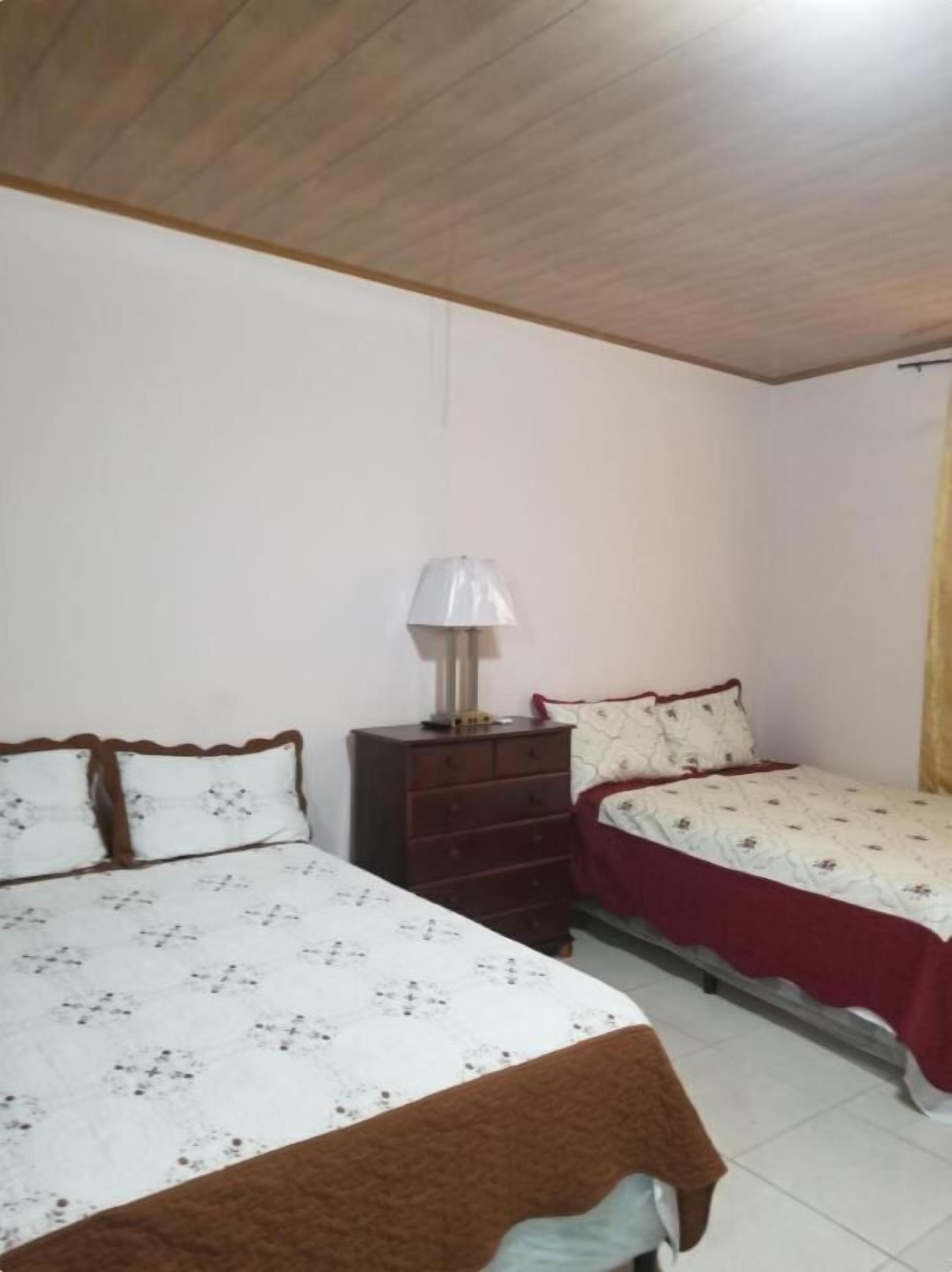 Een slaapkamer met twee bedden, een nachtkastje en een lamp.