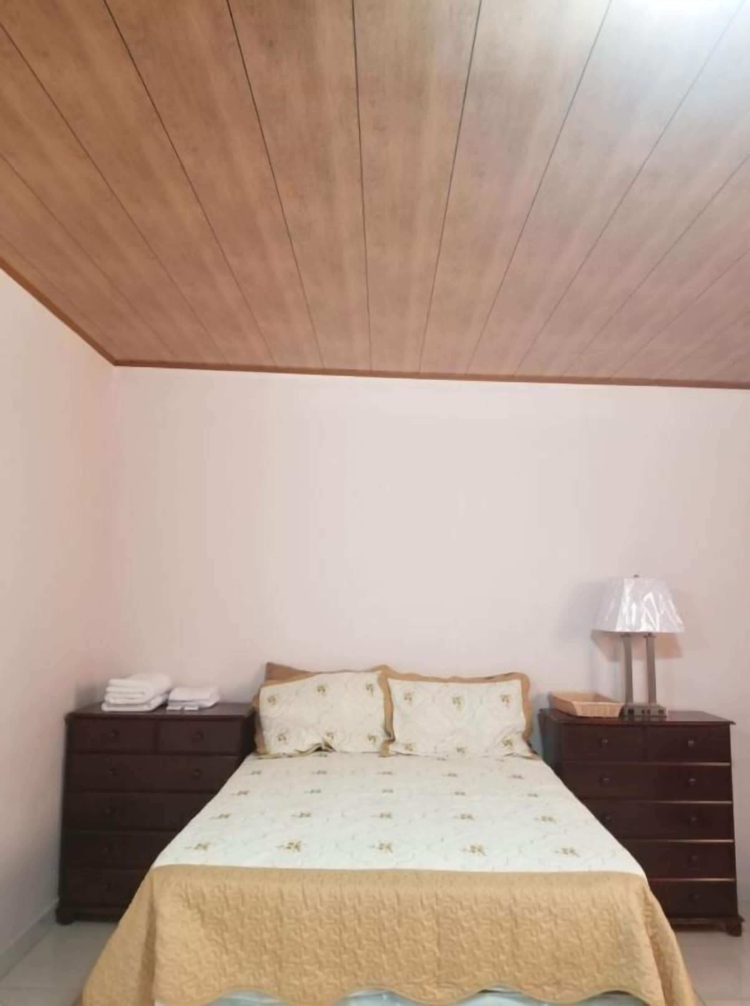 Un dormitorio con techo de madera, cama con colcha estampada, dos almohadas, una mesita de noche con lámpara y un aparador con toallas dobladas.