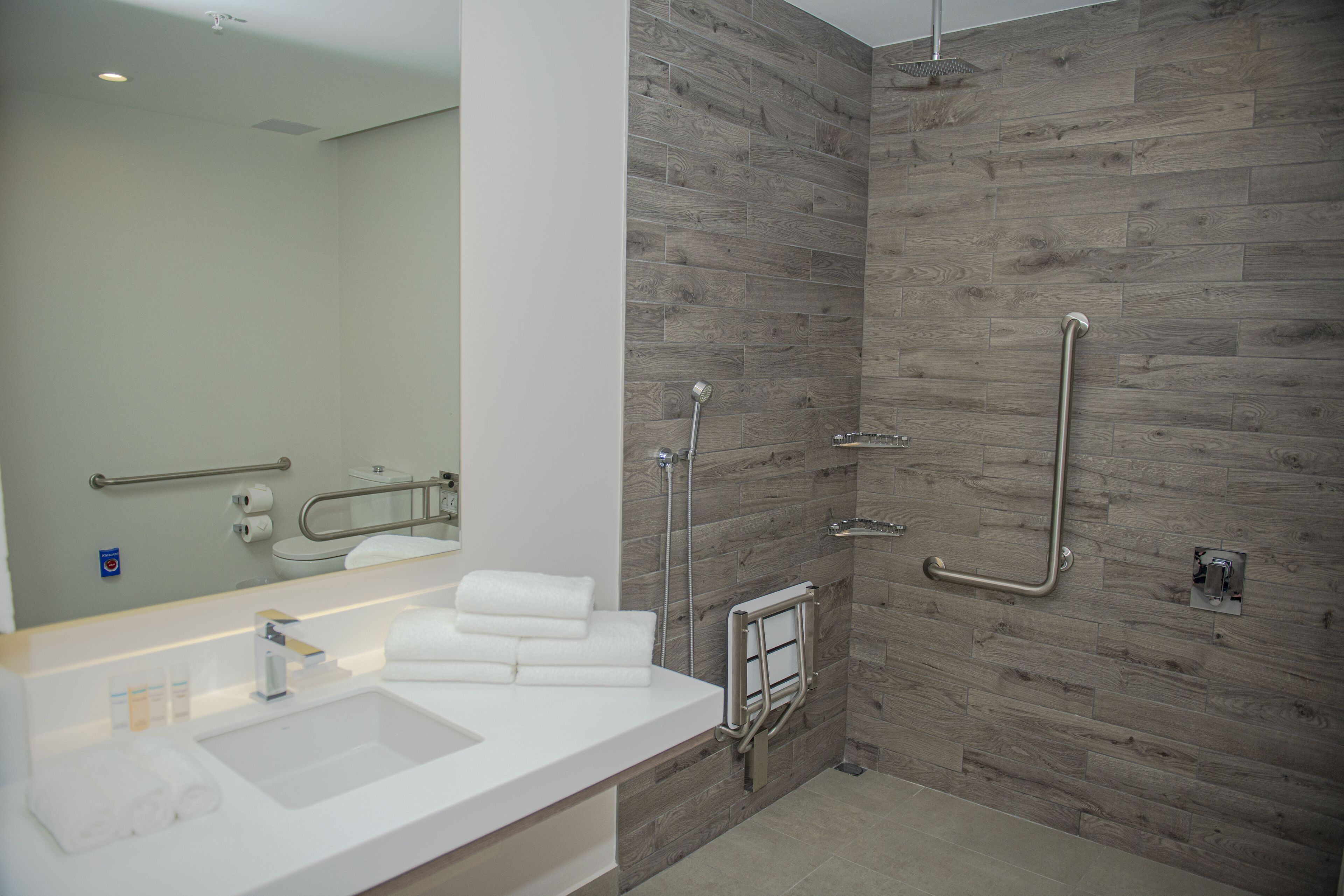 suite, 1 bedroom, accessible (roll-in shower) | bathroom | combined shower/bathtub, designer toiletries, hair dryer, towels