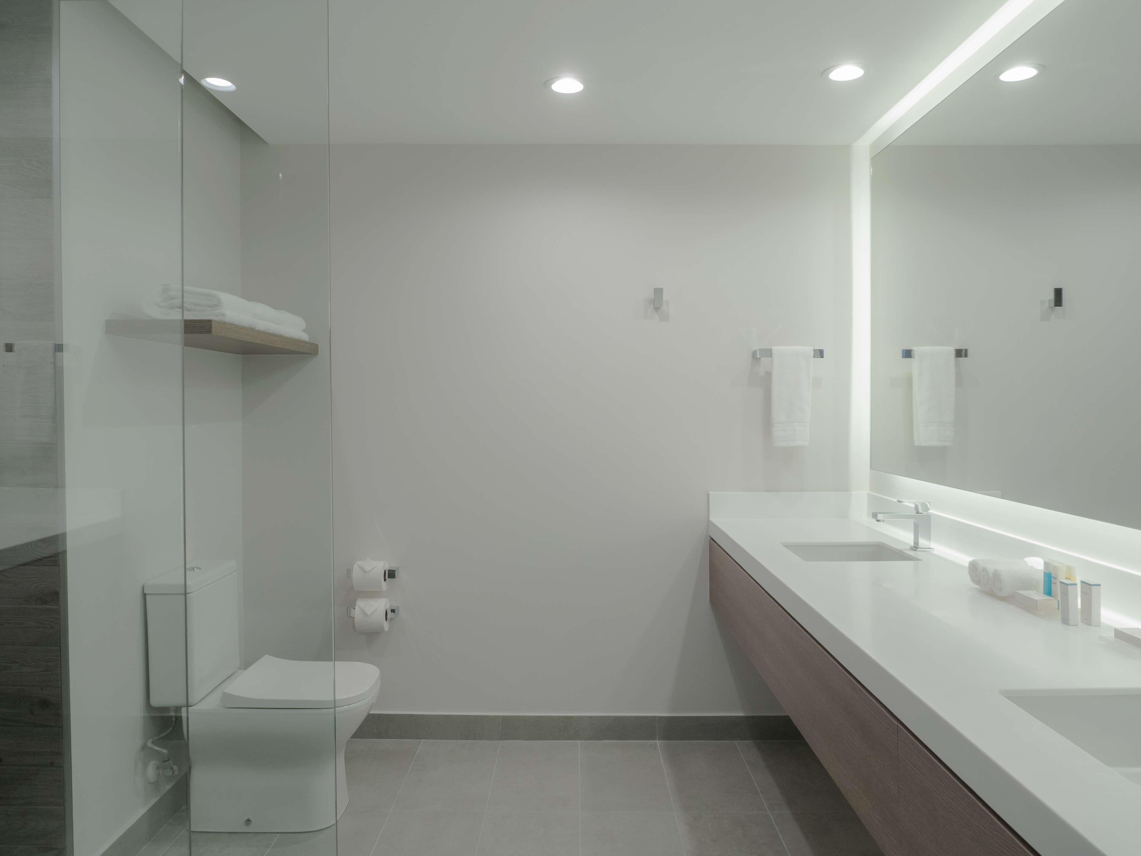 A modern bathroom with a glass shower enclosure, a toilet, a sink with a mirror, and a towel rack.