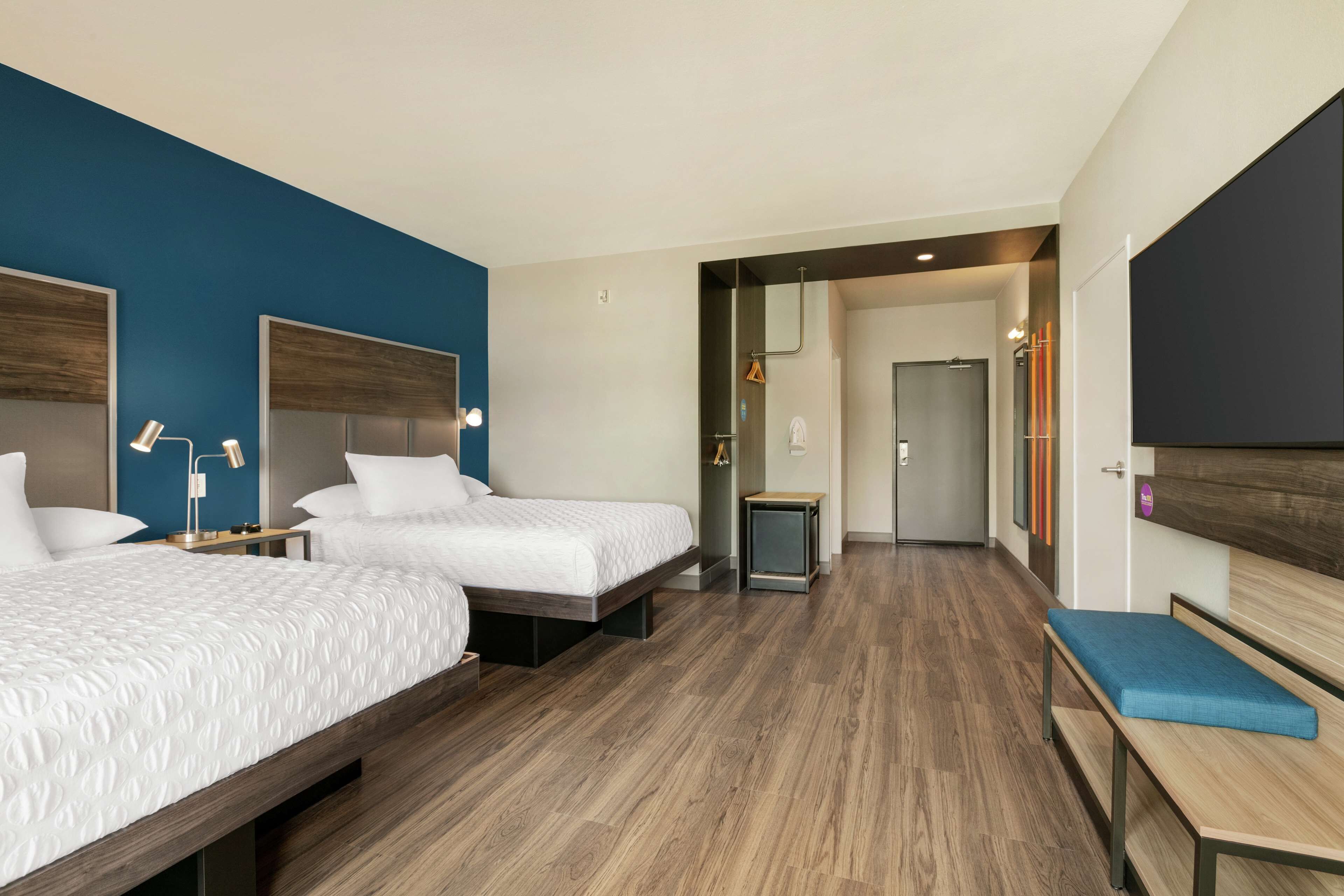 desk, laptop workspace, blackout curtains, iron/ironing board