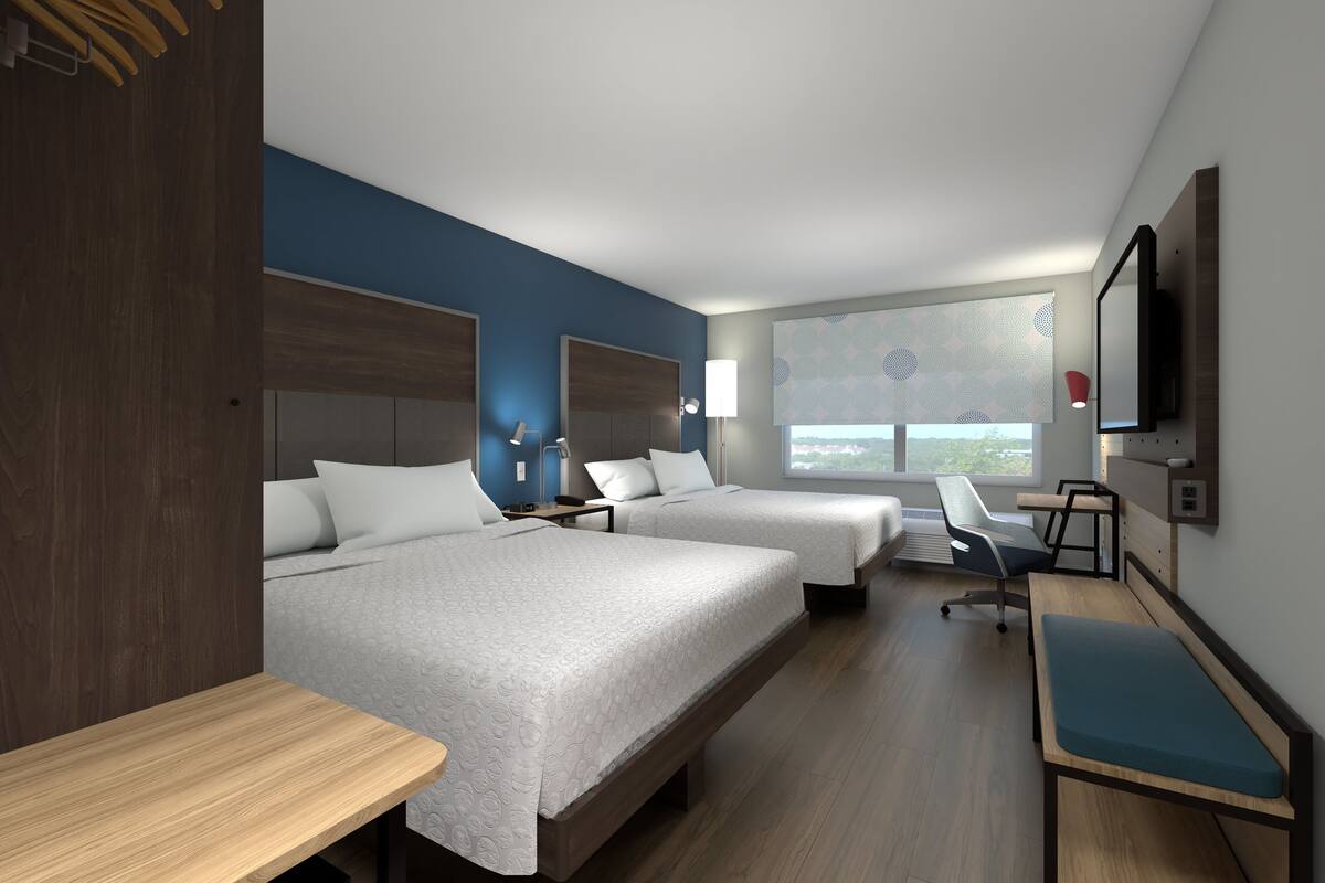 desk, laptop workspace, blackout curtains, iron/ironing board