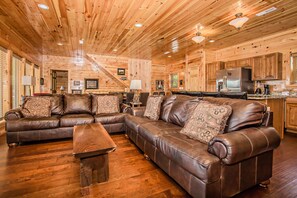 TV, fireplace, video games, DVD player - Free Tickets | 5bed/5bath Upscale Cabin w/Media Room, Pool Table &  Hot Tub (Gatlinburg)