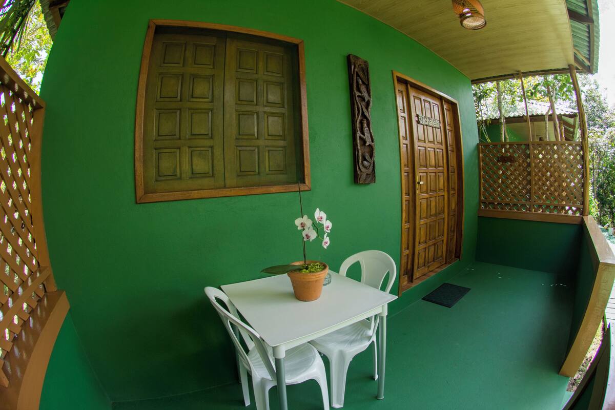 A green room with a table and chairs, a potted plant, and two wooden doors.