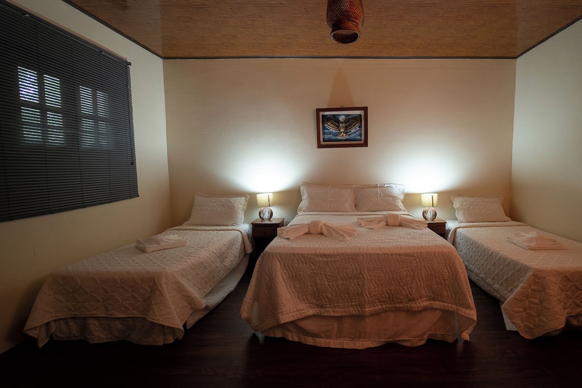 A room with two single beds, each with a bedside table and lamp, and a large bed with a decorative pillow.