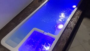Piscina retangular com superfície iluminada em azul, rodeada por um deck de madeira e uma palmeira.