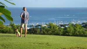 Un hombre y un niño en una colina con hierba, con vista a un puerto deportivo y barcos.
