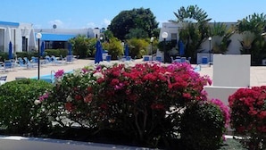 Un área de piscina con sillones de descanso y sombrillas, rodeada de abundante vegetación y flores rosadas.