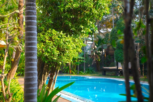 Outdoor pool, open 7:00 AM to 11:00 PM, pool umbrellas, sun loungers