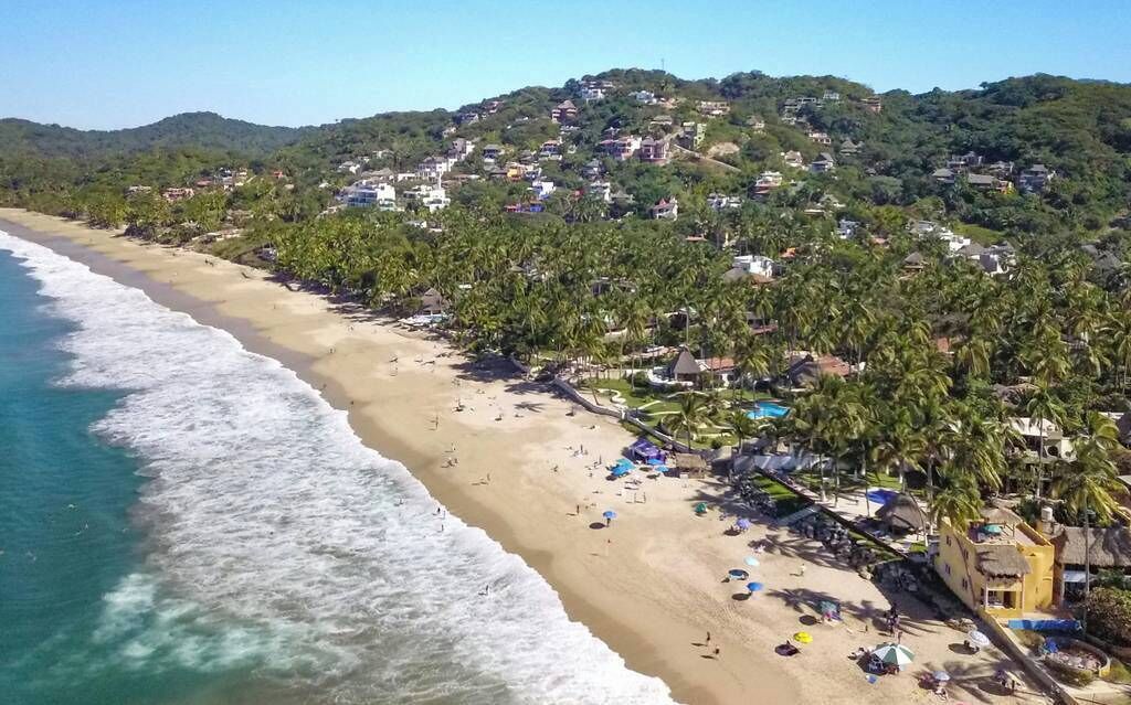 Una playa costera con orilla arenosa, palmeras y edificios al fondo.