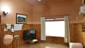A room with wooden paneling, a television, a mirror, a window with curtains, and a bed. - Golmangtae (Boseong)