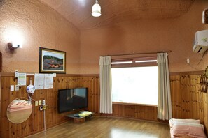 A room with wooden paneling, a television, a mirror, a window with curtains, and a bed. - Golmangtae (Boseong)