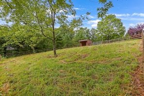 A rural landscape with a wooden barn on a grassy hill, surrounded by trees and a wooden fence.