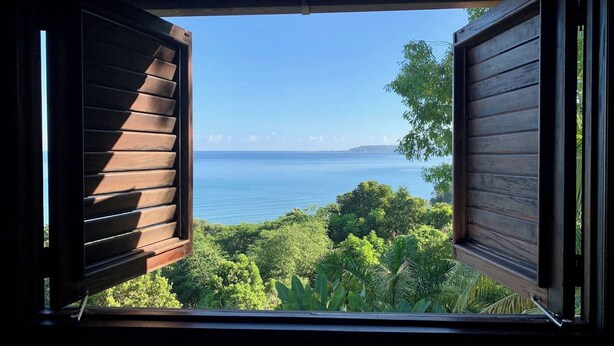 Vista a través de contraventanas de madera abiertas, mostrando un paisaje verde exuberante y un mar tranquilo.