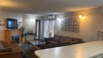 Télévision, cheminée, lecteur de DVD