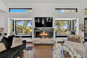 Smart TV, fireplace, ping pong, music library