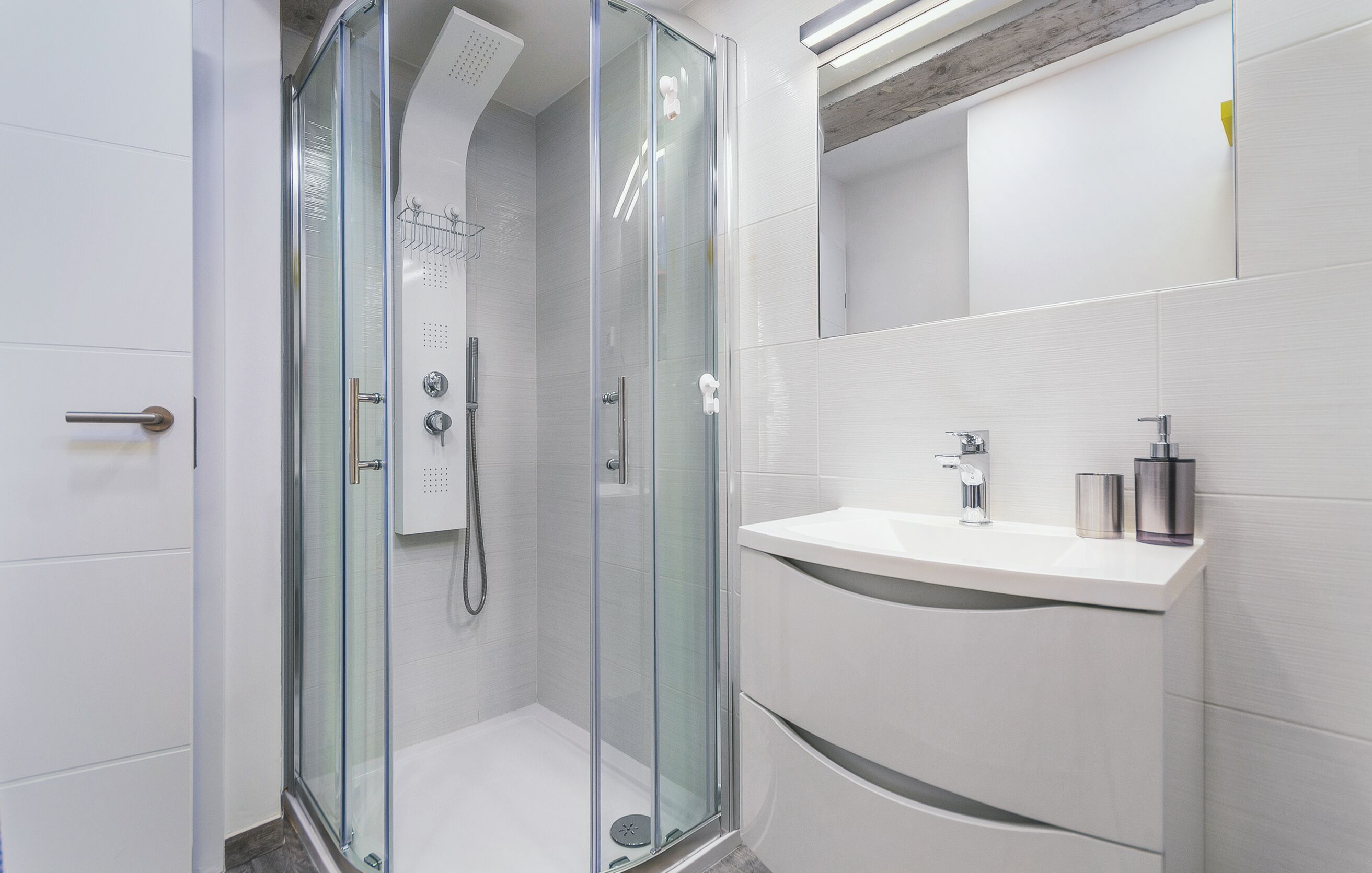 Hair dryer, bathrobes, towels, shampoo