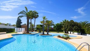 A swimming pool with clear blue water, surrounded by palm trees and a white fence.