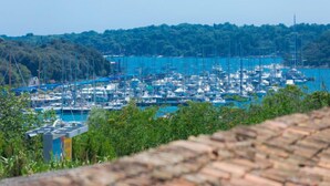 Una marina con numerose imbarcazioni ormeggiate, circondata da una vegetazione lussureggiante e un cielo sereno.