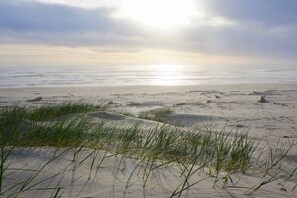 On the beach, sun-loungers, beach towels