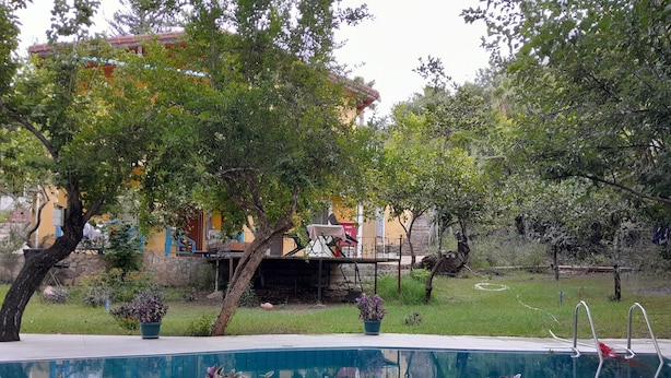 A swimming pool with potted plants, a stone wall, and a building in the background. - Waldvilla (Kumluca)