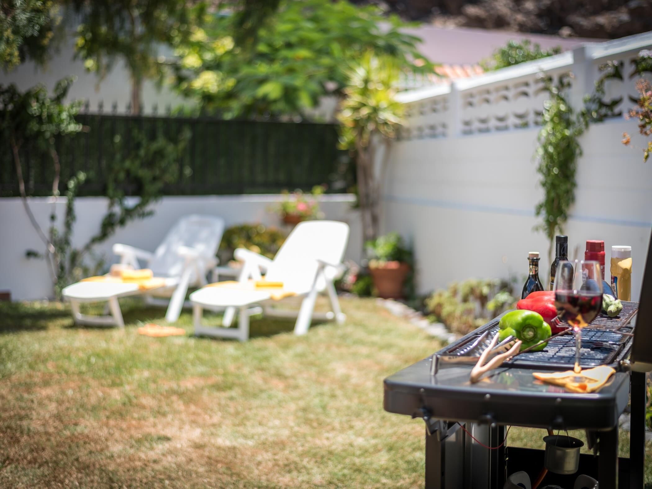Un cortile con un barbecue, poltrone da relax e un tavolo imbandito con cibo e bevande.
