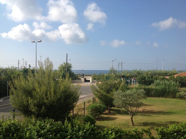 A coastal road with greenery, a bridge, and a clear sky.