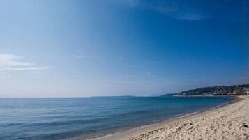 A beach with a clear sky and calm sea.