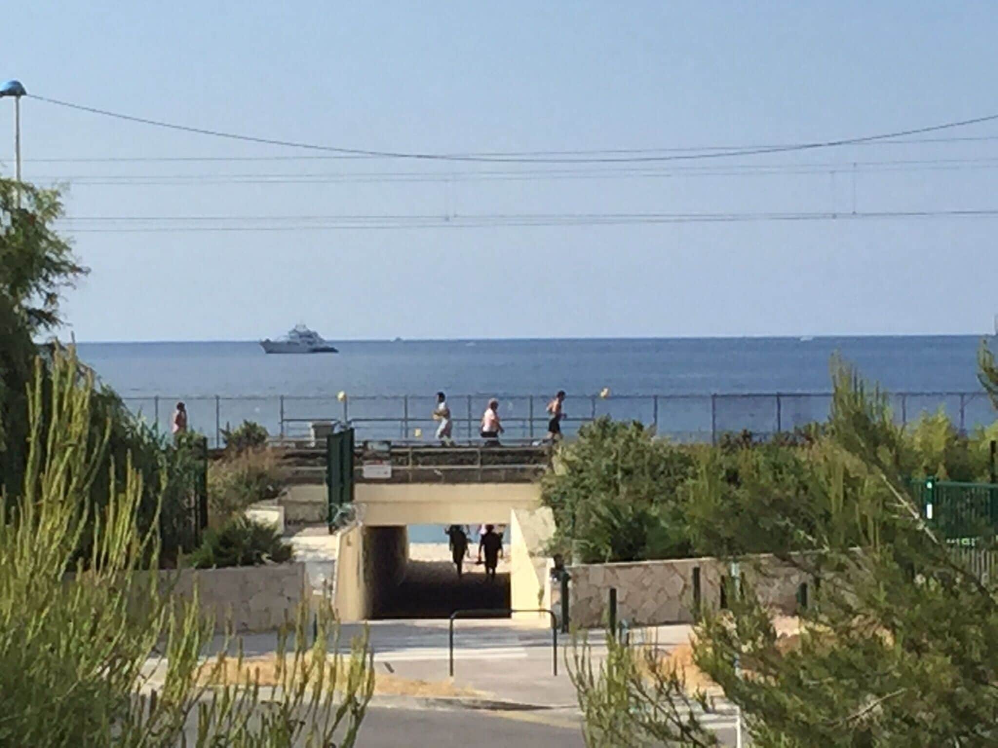 Ein Küstenweg mit Blick auf das Meer und einem Schiff in der Ferne.