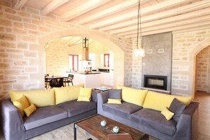 TV, fireplace, DVD player, books - Villa Dionysos, luxury villa with a fantastic view of a large plot of land (Rethymnon)