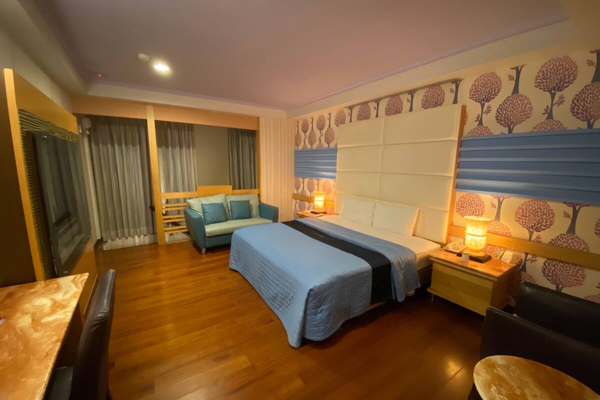 A hotel room with a bed, a sofa, a desk, and a chair.