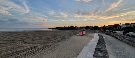On the beach, sun loungers