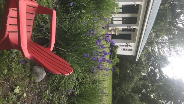 A red plastic chair in a garden with a white house in the background.